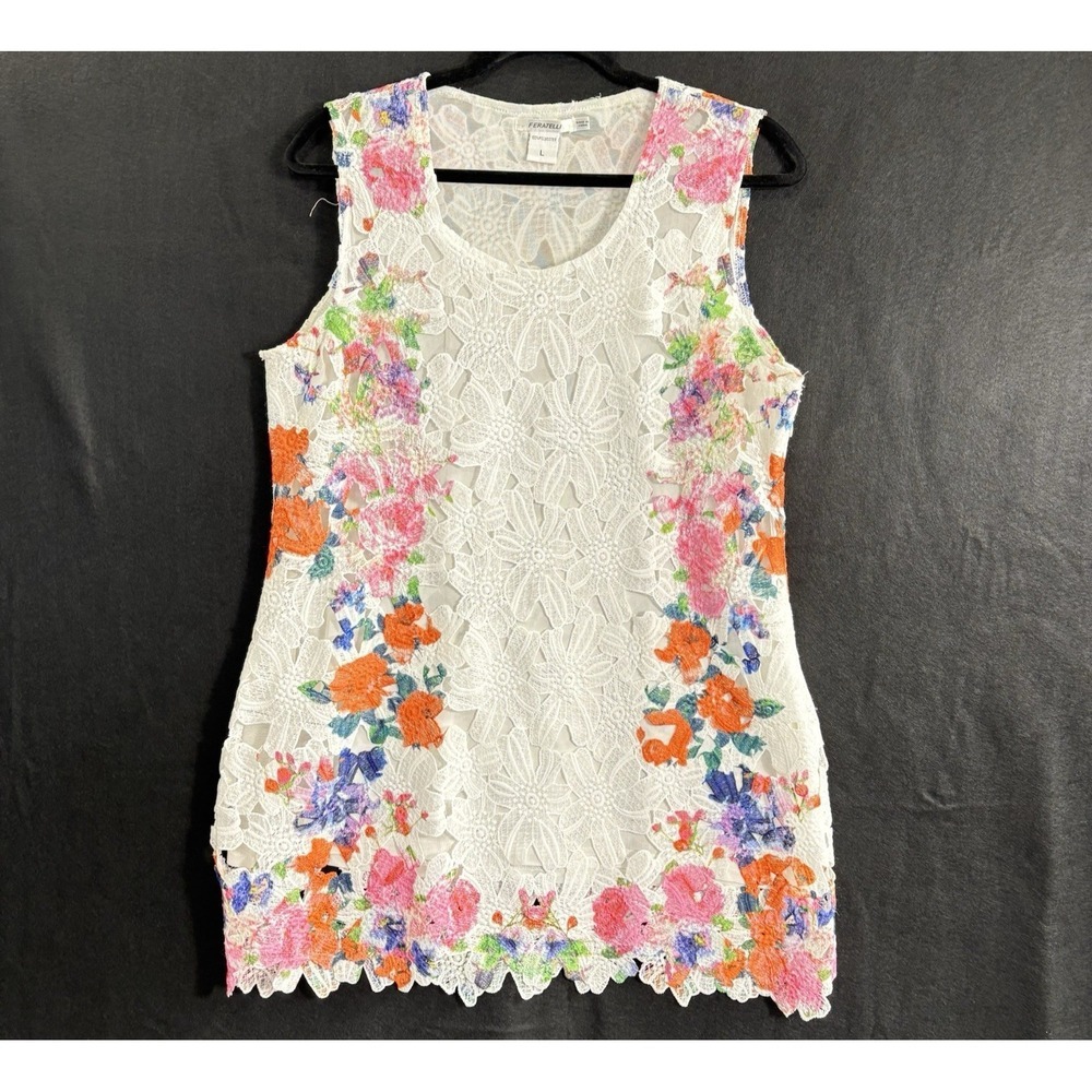 FERATELLI Women Lace Eyelet Sleeveless Knee Length Floral Tunic Sz L White 61-6